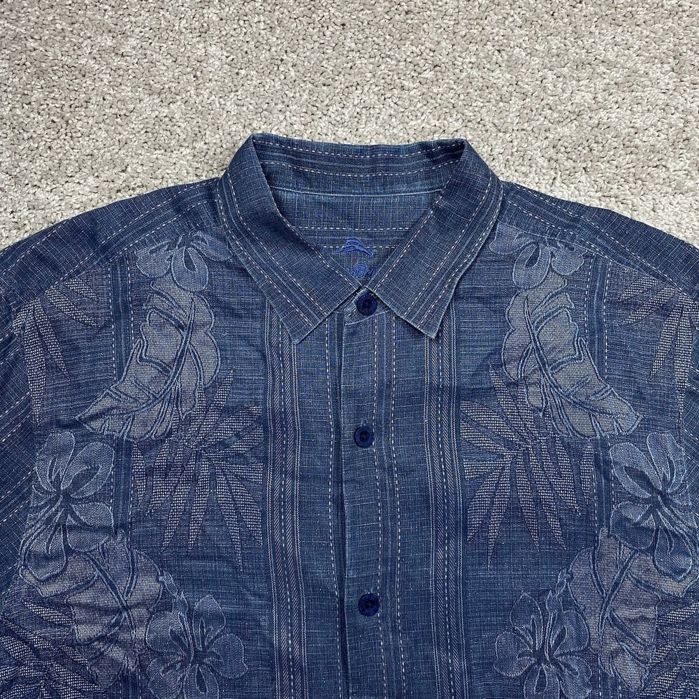 Tommy Bahama Mens Large Blue 100% Silk Floral Jacquard Striped Camp Shirt L/G